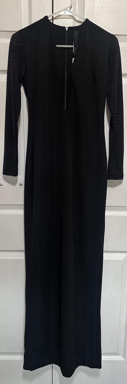 AQ/AQ Belle Maxi Dress Black Keyhole Gown Sheer Stripe Sleeve Revolve Womens 6R